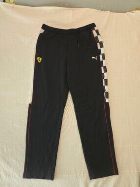 Puma Ferrari Black Racing Track Pants with Checkered Side Stripes - Size Large